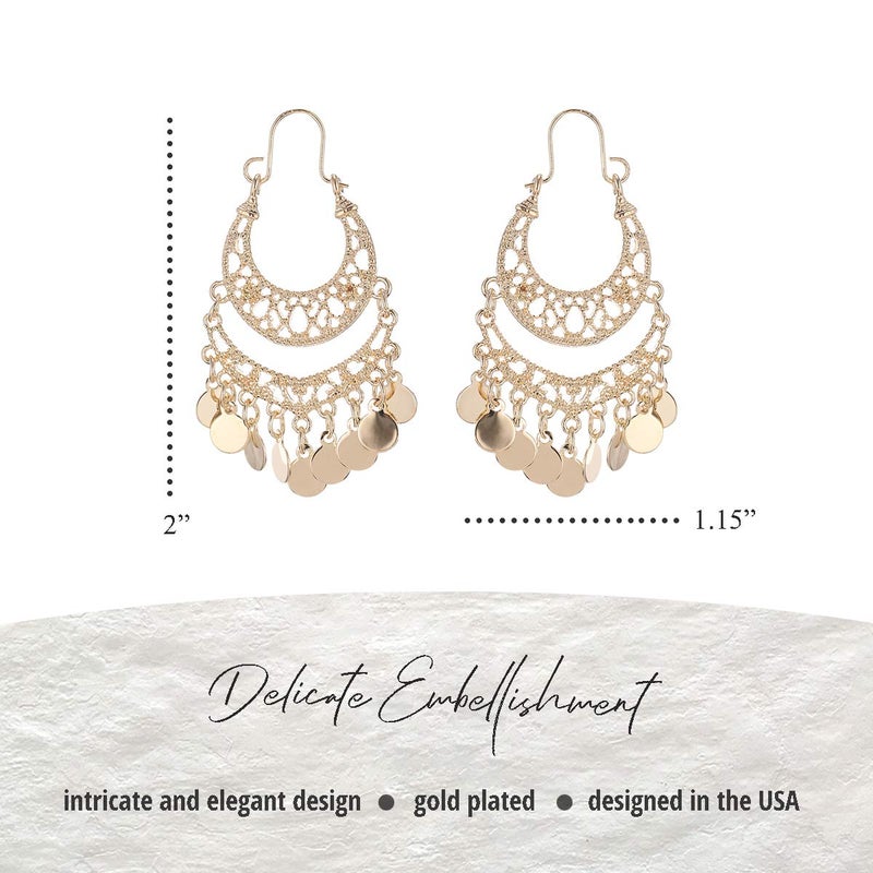 NTLX Bohemian Boho Chandelier Dangle Drop Earrings for Women â€“ Lightweight Filigree Gypsy Coin Disc Tassel Charm Hoops â€“ included Gift Box (Gold) - Image 2
